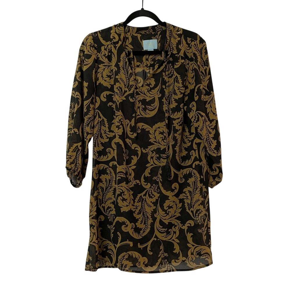 CeCe by Cynthia Steffe Black & Brown Shift Dress Womens 8 Paisley Boho Sheer